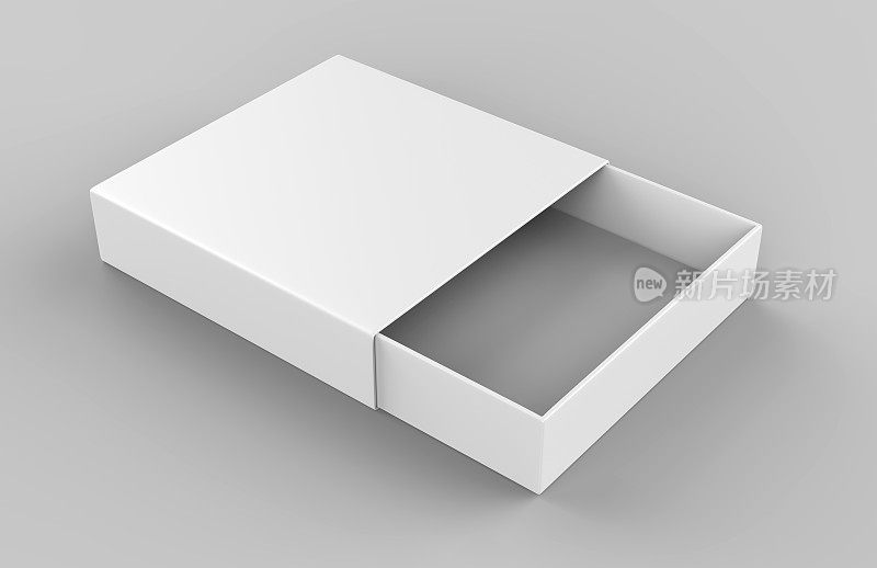 现实的包装纸板滑动抽屉盒在灰色的背景。用于小件物品，火柴和其他东西。3 d渲染图